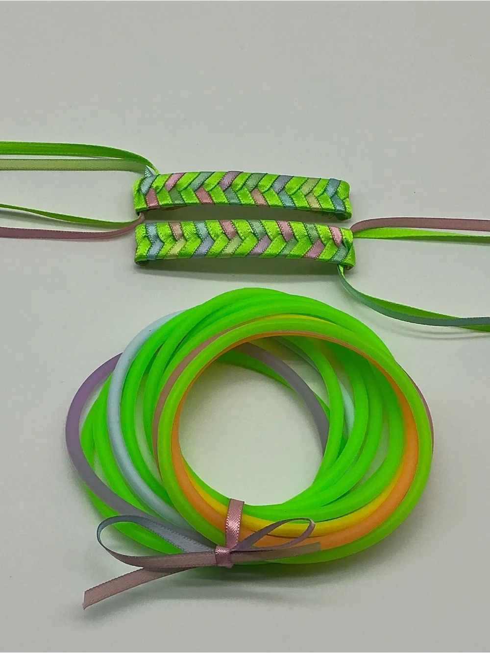Neon Green & Pastel Rainbow 80s Barrettes & 12 Jelly Bracelets